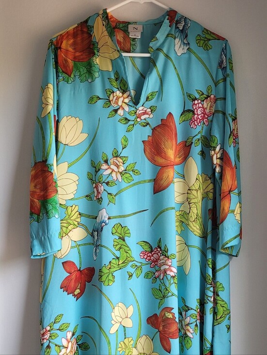 Natori Tops - NATORI Floral V-Neck Robe Dress Night Gown Aqua with Orange Floral Size M